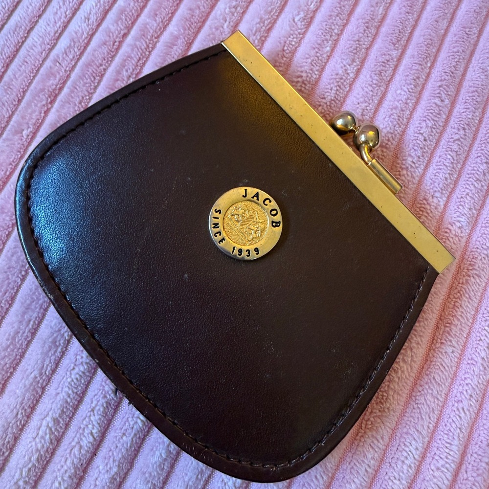 Vintage Jacob Coin Purse Womens Small Brown Leather Kiss Lock Vintage Medallion